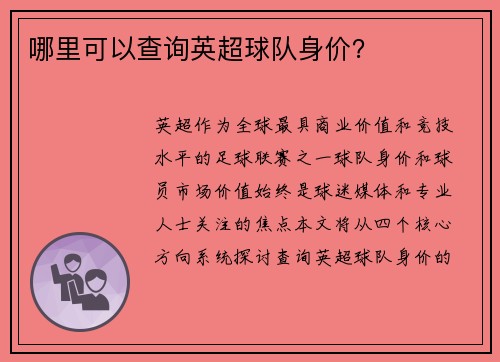 哪里可以查询英超球队身价？