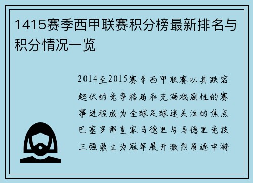 1415赛季西甲联赛积分榜最新排名与积分情况一览
