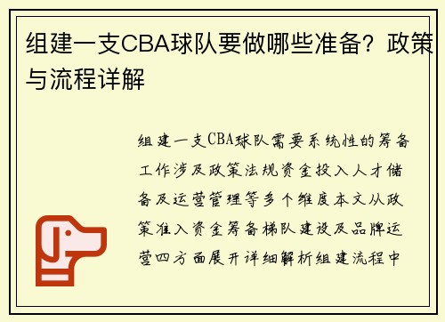 组建一支CBA球队要做哪些准备？政策与流程详解