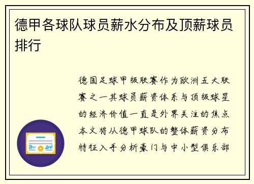 德甲各球队球员薪水分布及顶薪球员排行