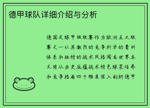 德甲球队详细介绍与分析
